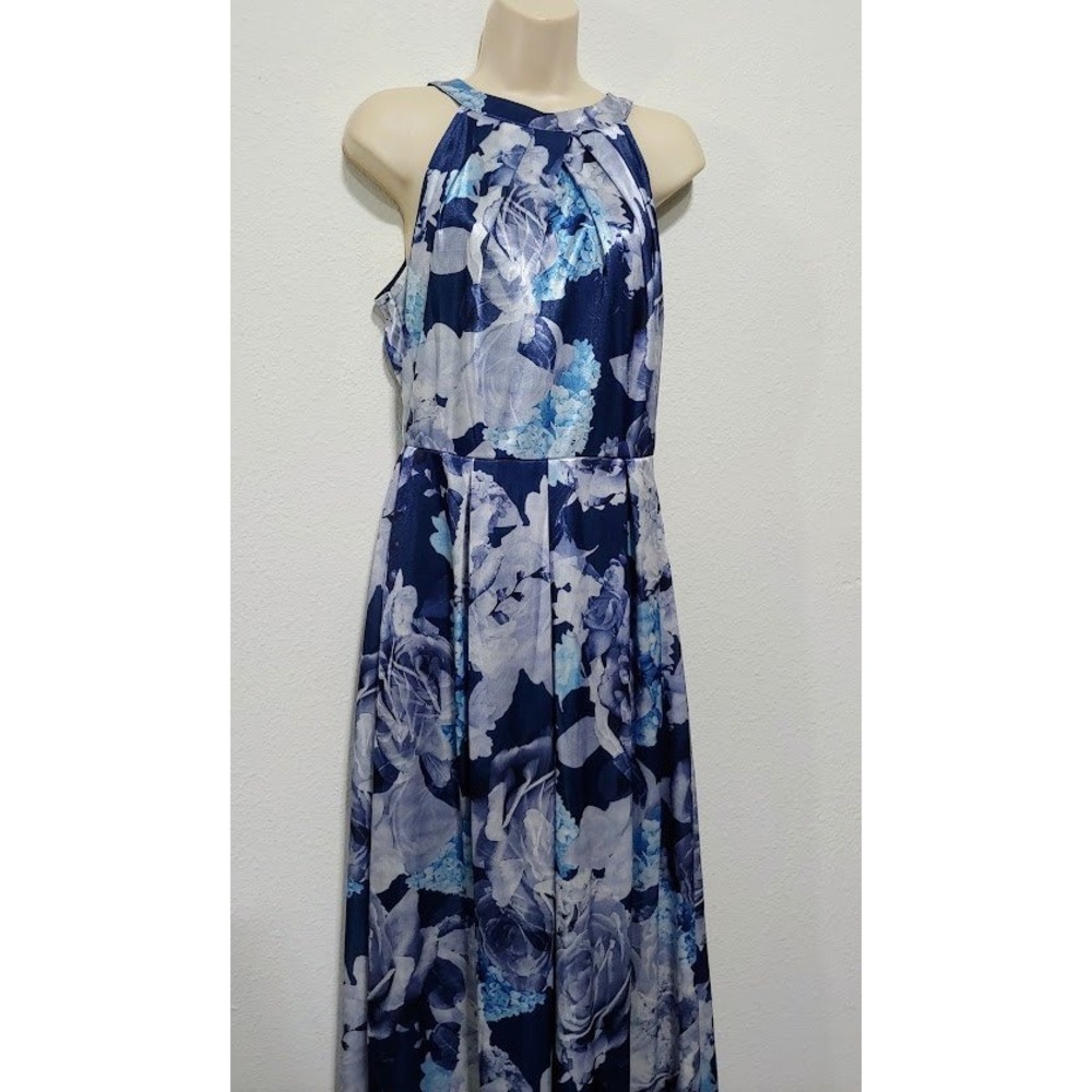 Womens Blue S Floral Pleated Sleeveless Formal Maxi Dress Elegant By Candalette - Picture 5 of 12